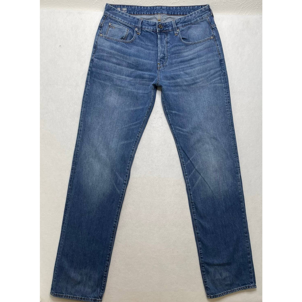 G-Star Raw Mens 35x38 Long 3301 Relaxed Fit Medium Wash Straight Leg Jeans